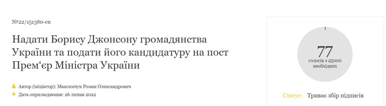 Петиция о предоставлении украинского гражданства подавшему в отставку премьеру Великобритании Борису Джонсону, а также подаче его кандидатуры на пост украинского премьера зарегистрирована на сайте офиса Владимира Зеленского