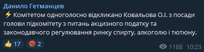 Ковалева отозвано с поста главы подкомитета по вопросам акцизного налога и рынка спирта, алкоголя и табака