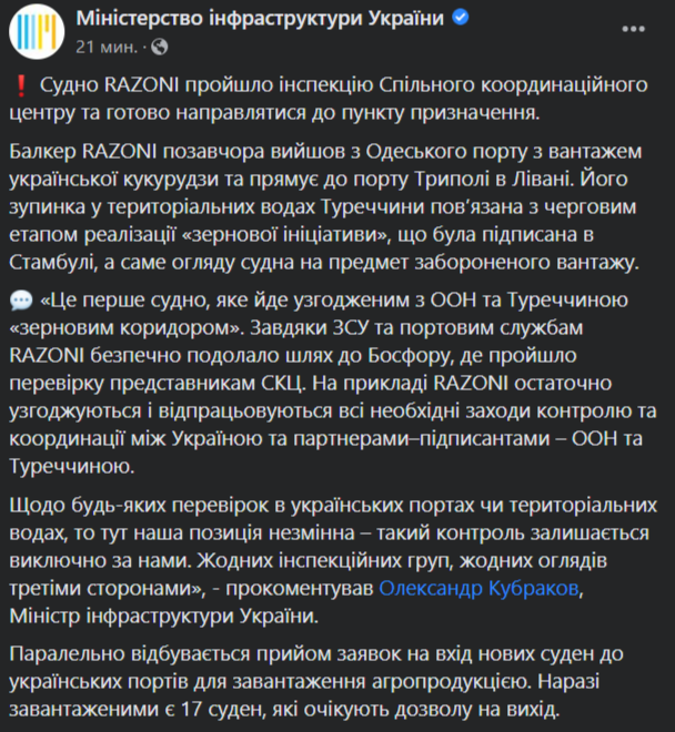 Украинское судно прошло контроль в Стамбуле