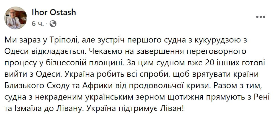 Первый сухогруз с зерном из Украины задерживается в пути