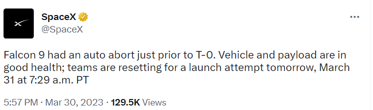 Запуск Falcon-9 отменили за три секунды до старта