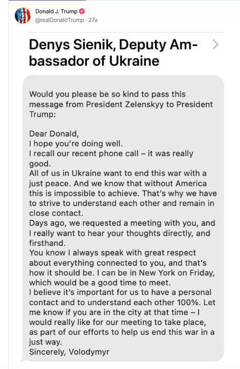 Колишній президент США та нинішній кандидат на пост глави держави Дональд Трамп опублікував у своїй соціальній мережі прохання українського посольства про зустріч із Володимиром Зеленським у п'ятницю