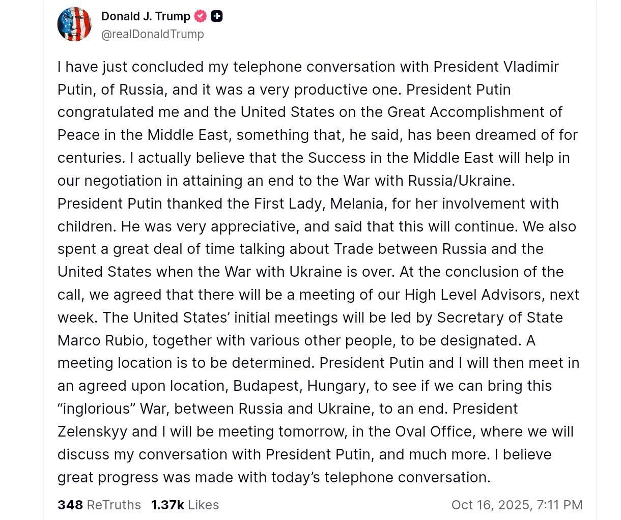 Трамп и Путин поговорили по телефону TruthSocial