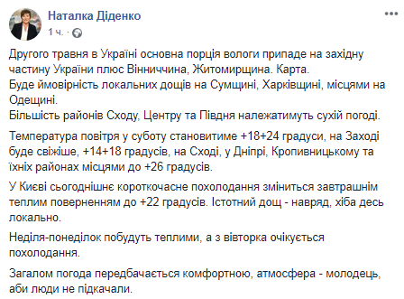 Прогноз погоды в Украине на 2 мая. Скриншот Фейсбук-страницы Натальи Диденко