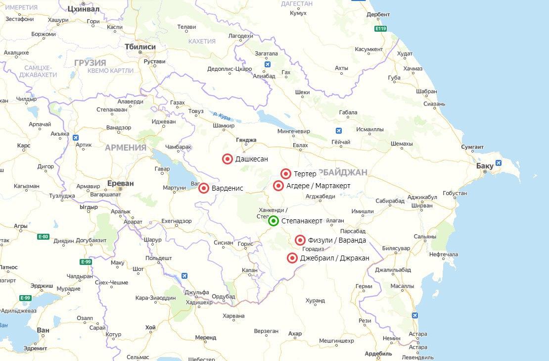 Карта боевых действий в Нагорном Карабахе. Скриншот Телеграм-канала РИА Новости