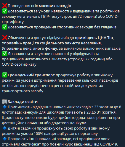 Какие ограничения будут действовать в Киеве при попадании в "красную" зону. Скриншот: телеграмм-канал Виталий Кличко