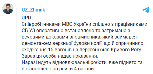 Найден мужчина, по чьей вине в Кривом Роге с рельс сошел поезд. Скриншот t.me/vzhmak