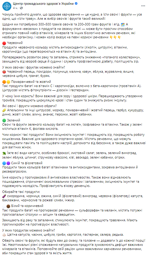 Человеку в день нужно съедать пол килограмма овощей. Скриншот из Фейсбука Центра общественного здоровья ЦОЗ