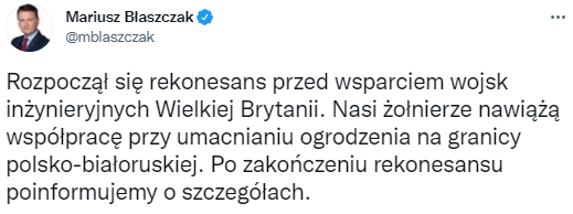 Британские инженерные войска были направлены в Польшу. Скриншот из твиттера министра обороны Польши