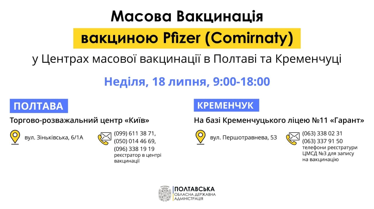 В полтаве и Кременчуге можно привиться файзером. Адреса центров вакцинации