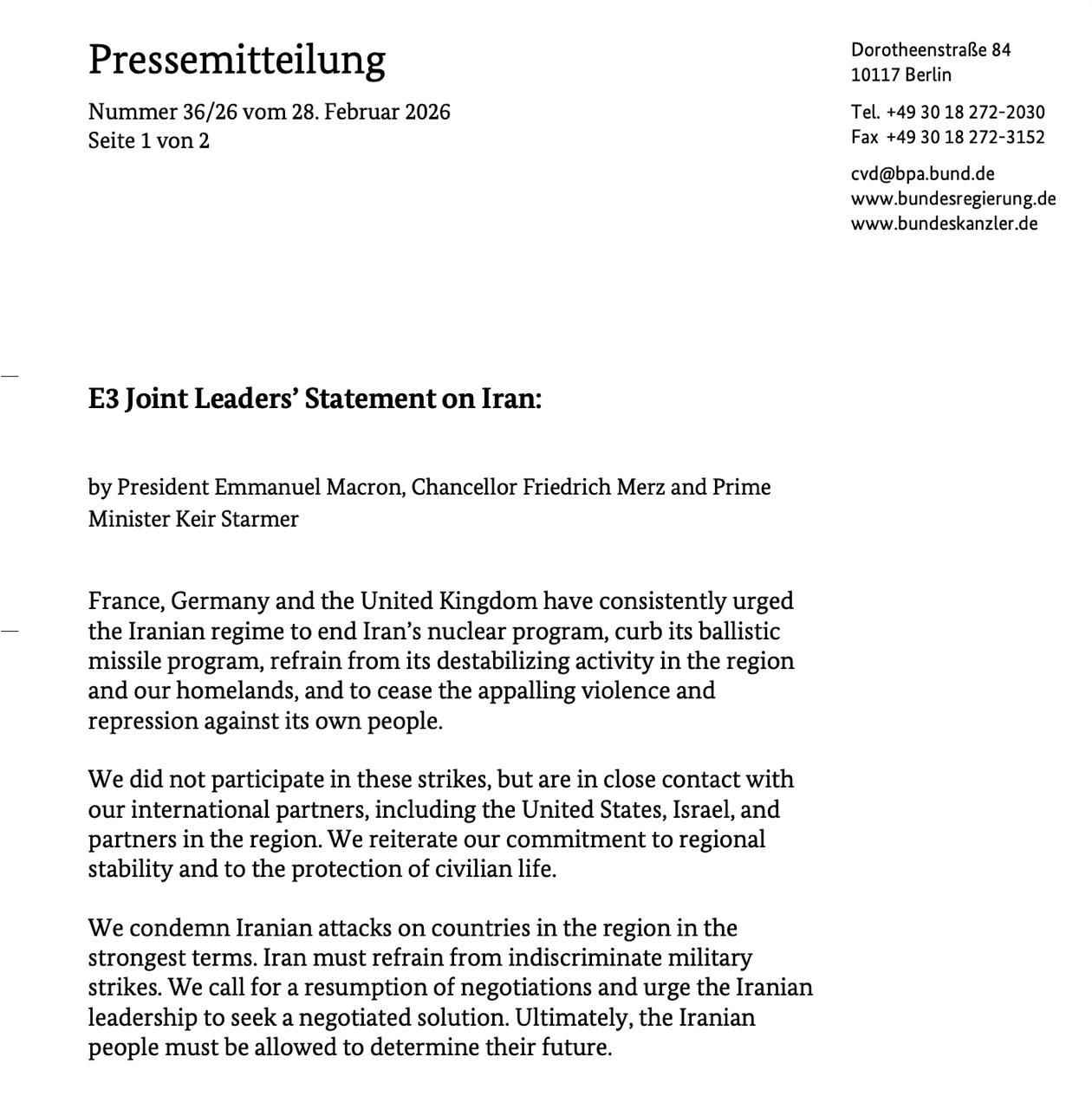 Знімок заяви європейців про конфлікт Ізраїлю та США з Іраном