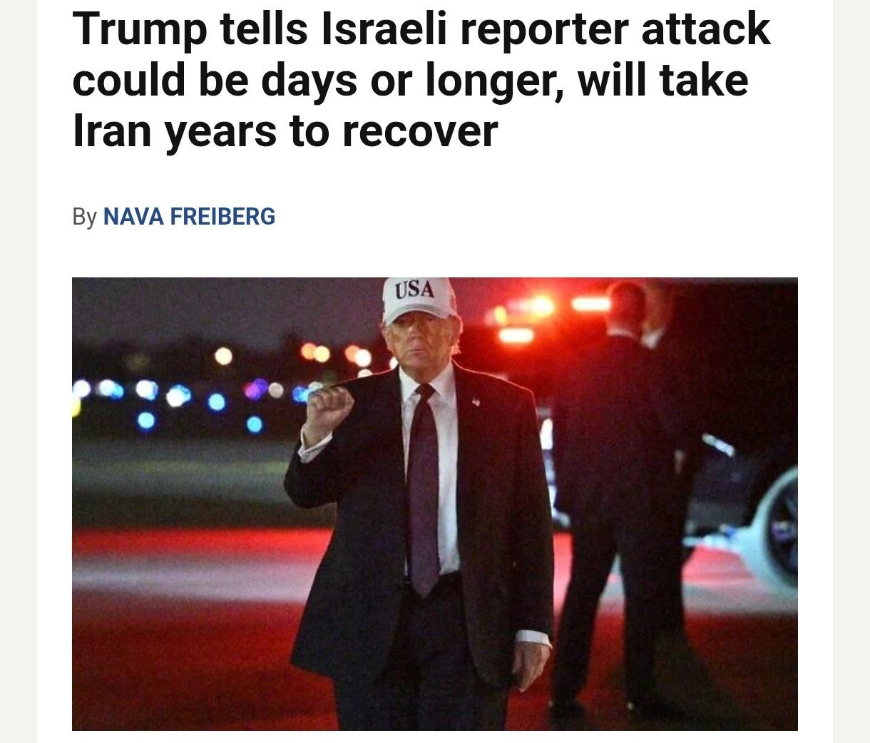 Знімок заголовка на timesofisrael.com - Трамп може закінчити війну з Іраном за кілька днів