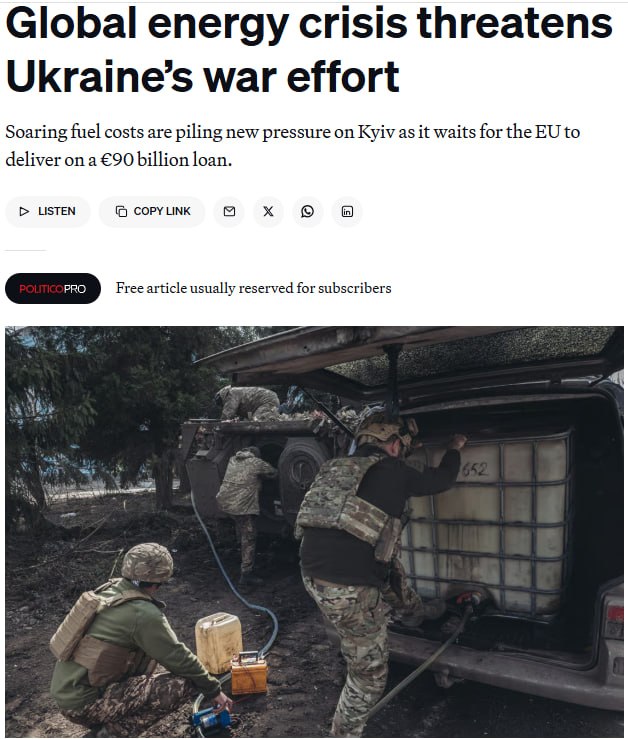 Снимок заголовка на politico.com – ВСУ ощутили нехватку топлива из-за войны США с Ираном