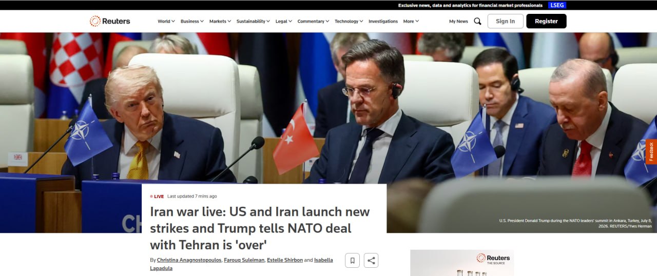 Снимок заголовка на reuters.com – Иран угрожает полностью закрыть Ормузский пролив