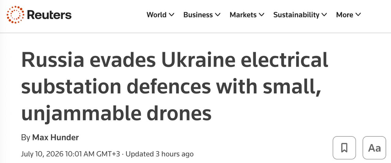 Снимок заголовка на reuters.com – Россия отделяет Сумскую область от энергосистемы Украины