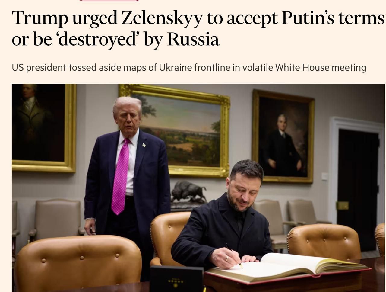 Снимок заголовка на ft.com - Трамп призвал Зеленского принять условия Путина для сохранения Украины