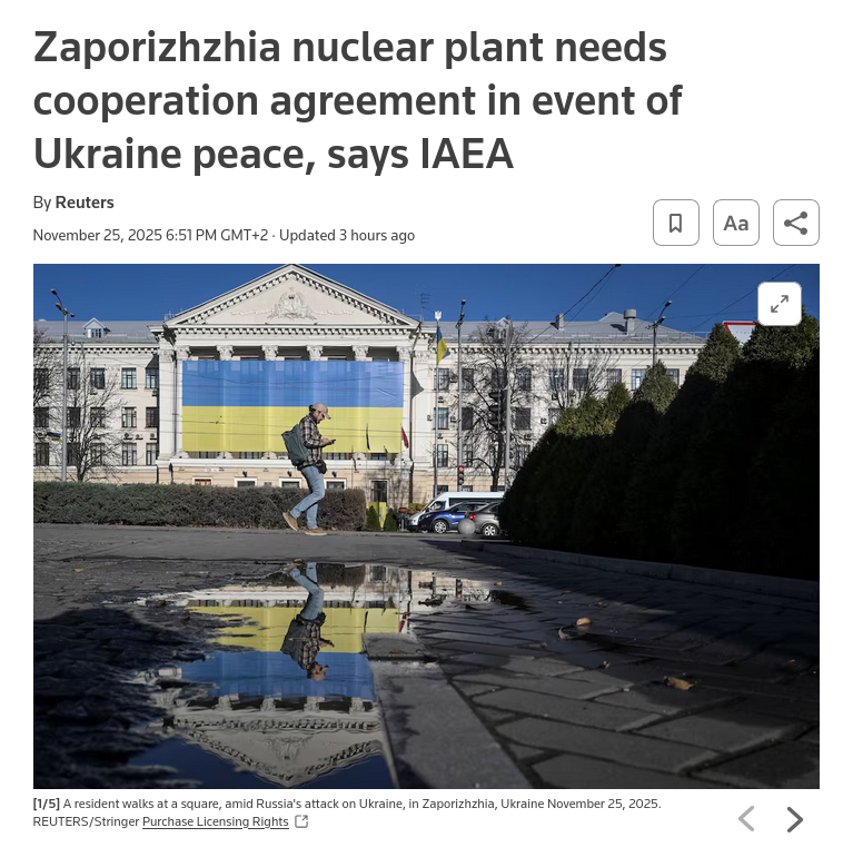 Знімок заголовка на reuters.com - МАГАТЕ пропонує особливий статус для Запорізької АЕС після досягнення миру