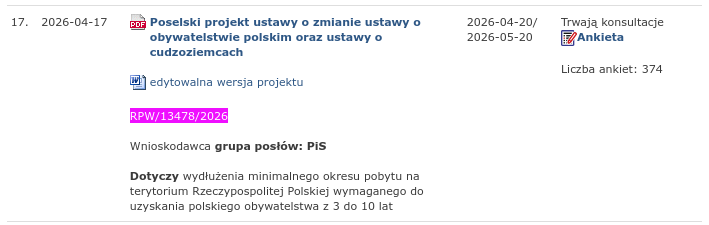 Знімок номера законопроекту на sejm.gov.pl – Польща посилює покарання іноземців за порушення