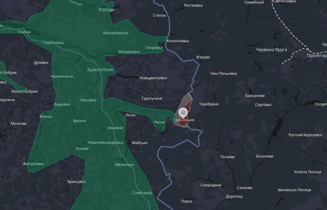 Село Грабівське. Карта бойових дій у Сумській області України. Джерело - Deep State